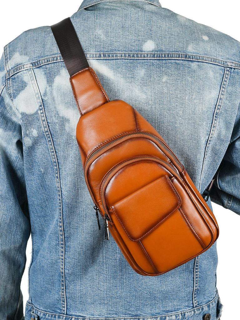 Men's Genuine Leather Chest Bag - Top Layer Cowhide, Crossbody, Fashionable, Retro, Versatile, High-End Style