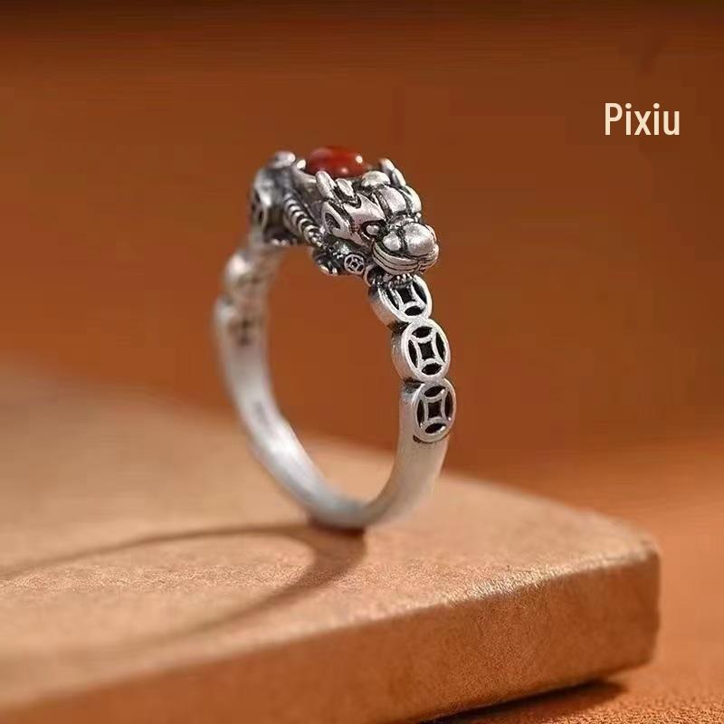 Unisex Retro Thai Silver Pixiu Ruyi Openable Finger Rings