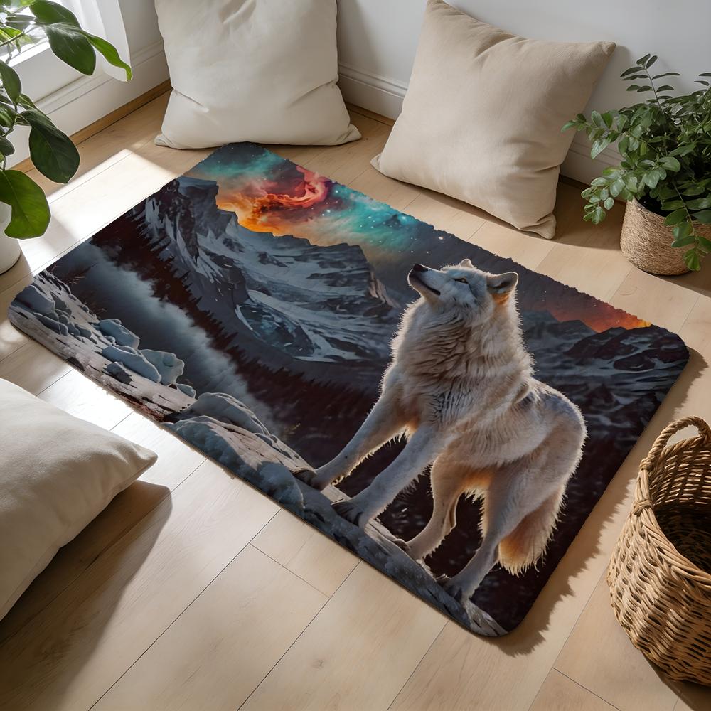 Emo White Wolf Sitting Meme Floor Mat Soft Flannel Absorbent Mat Non-Slip Rug Home Bedroom Bathroom