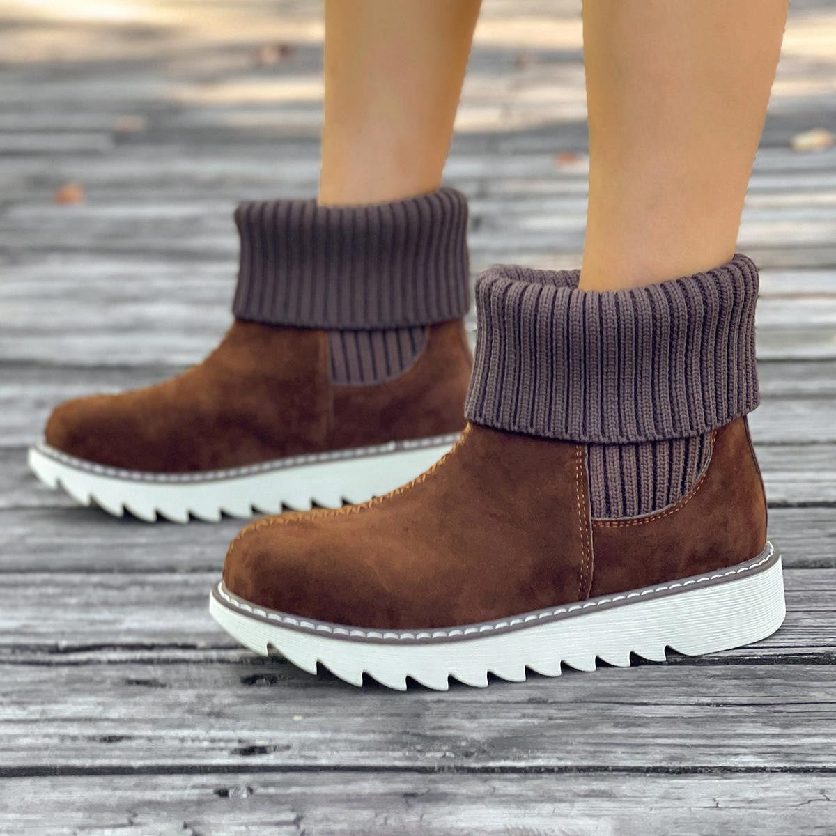 

Женские зимние сапоги 2025 зимняя мода шерстяное голенище на толстой теплой подошве студенческая мода плоские короткие сапоги женская обувь 43 коричневый