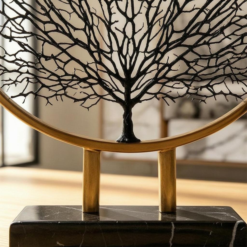 Metal Tree Figure Gold Arboreal Outline with Circular Structure Frame Minimalist