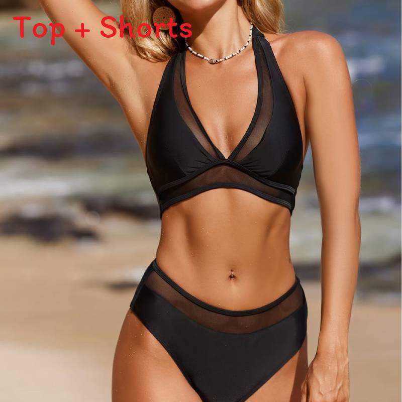 Polyester High Waist Bikini With Mesh Panels And Removable Padded Cups For Water Sports