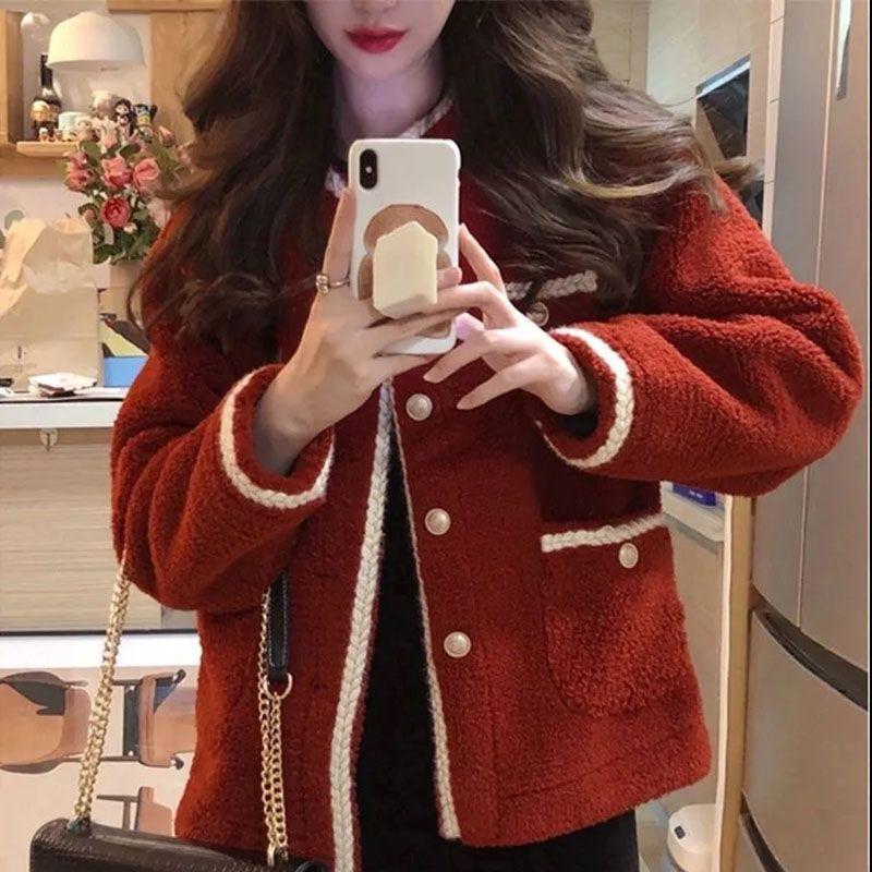 

Осенне-зимний женский кардиган, повседневный тонкий свитер, маленький ароматный ветер, женская красная куртка, женский дизайнерский топ One Size красный