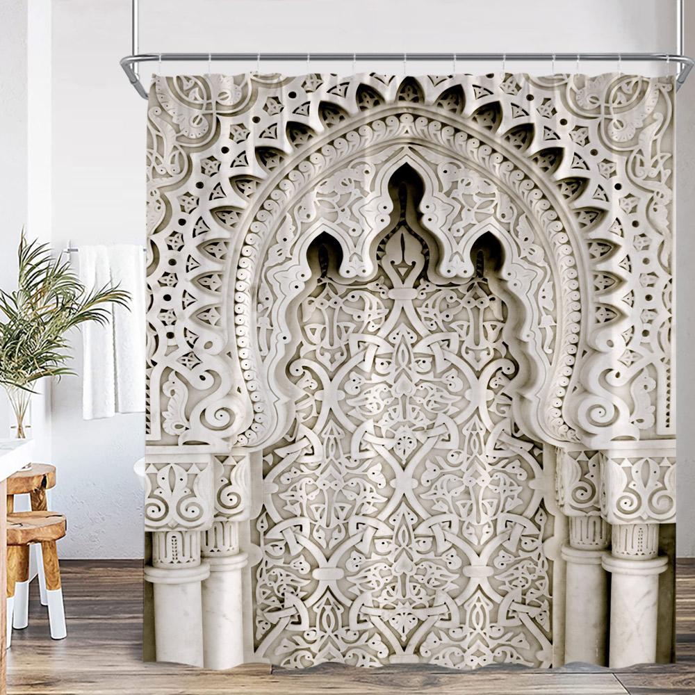 3D Moroccan Vintage Shower Curtain Aged Gate Geometric Pattern Doorway Design Entrance Architectural Oriental Style Bathroom Cur