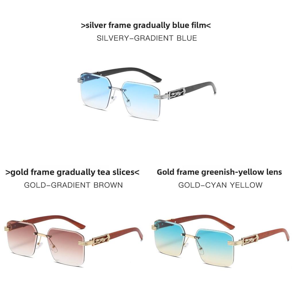 Leopard Theme Minimalist Metal Frame Square Sunglasses With Gray Lenses For Travel And Parties