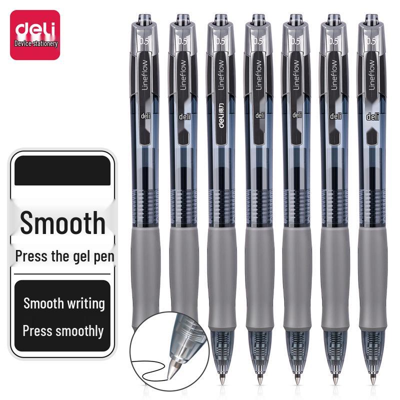 Deli Quick-Drying Press-Type 0.5mm ST Nib Student Pen: Transparent Barrel Black Ink.