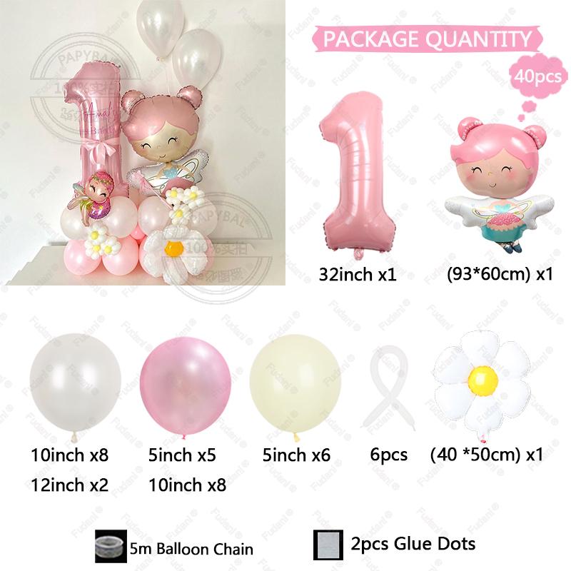 

40pcs Cartoon Flower Fairy 32Inch Pink Aluminum Model Digital Balloon Column Birthday Party Decoration Wedding Supplies As The Picture