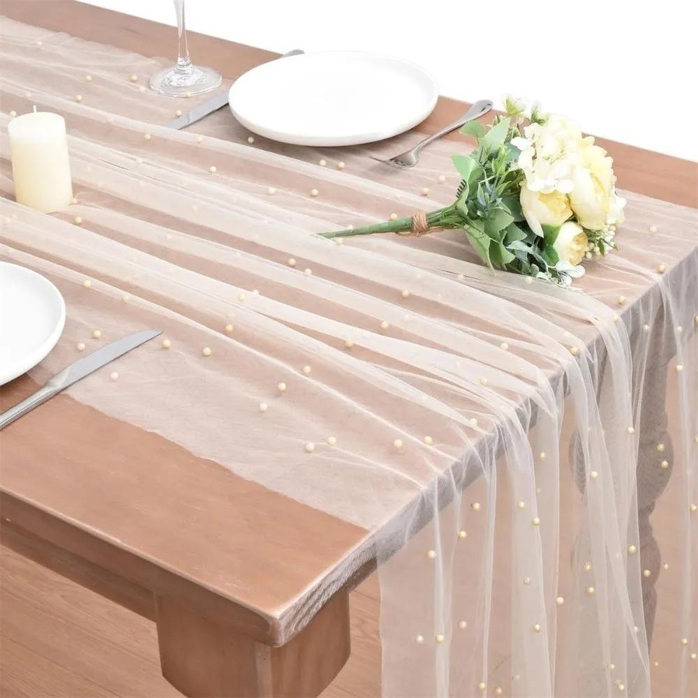 0.75*3M Table Flag Semi Transparent Pearl Tulle Table Runner Gauze Mesh Sheer Drapes Wedding Arch Drapes Wedding Party