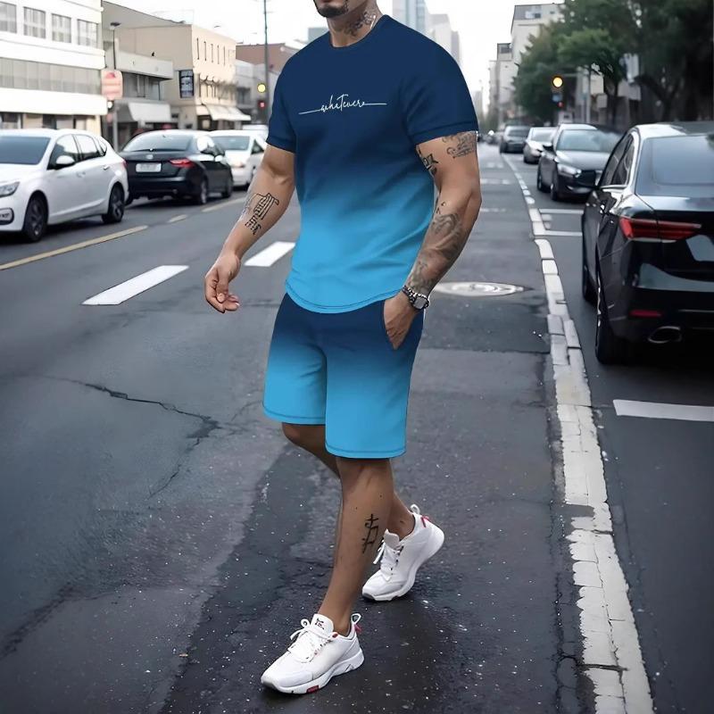 Ensemble Sportif Deux Pièces Imprimé 3D pour Homme T-shirt à Col Rond Couleur Dégradée Hauts à Manches Courtes Shorts Décontractés Fitness