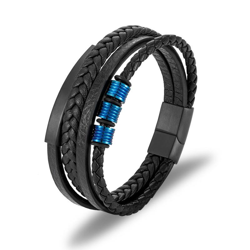 Multi-Layer Braided Leather Bracelet With Stainless Steel Magnetic Clasp Men Geometric Style Fashion Accessory