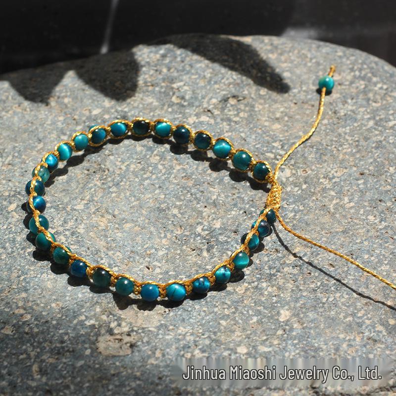 Squisito Bracciale con Perle di Occhio di Tigre Blu da 4 mm con Filo d'Oro - Gioiello Bohemien Regolabile in Cristallo