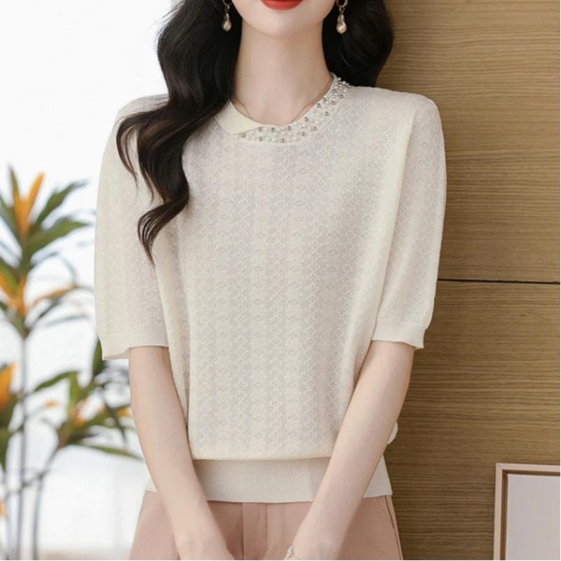 Women Heavy Beaded Neckline Jacquard Knit Short Sleeve T Shirt New Fashion Summer Casual Elegant