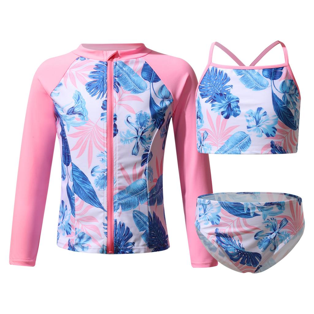 Girls 3 Piece Swim Set Sleeveless Top Briefs Long Sleeve Coat Front Zipper Sun Protection Beach Swimwear