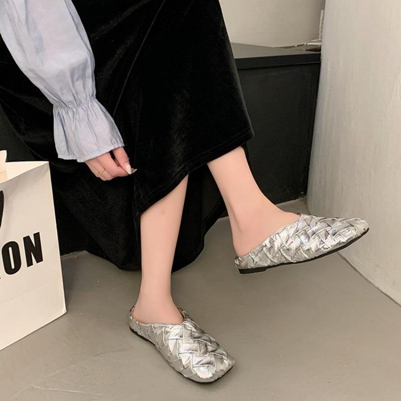 Fashion Spring New, Style Flat Sandals for Women Fashion Square Head Mid-mouth Woven Soft Sole Anti-slip Wear-resistant Slippers
