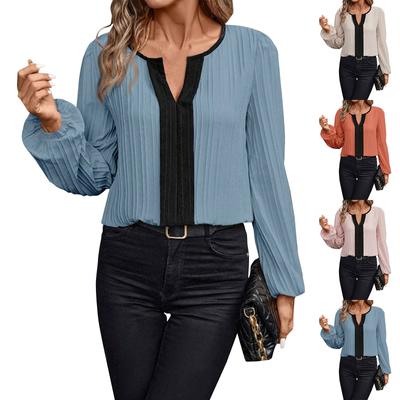 Women's Fashionable Solid Color Block V-neck Bubble Long Sleeved Shirt Top