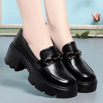 Mocasines de plataforma de cuero suave de moda de primavera para mujer, elegantes Mary Jane, negros, con punta redonda, informales, antideslizantes y cómodos.