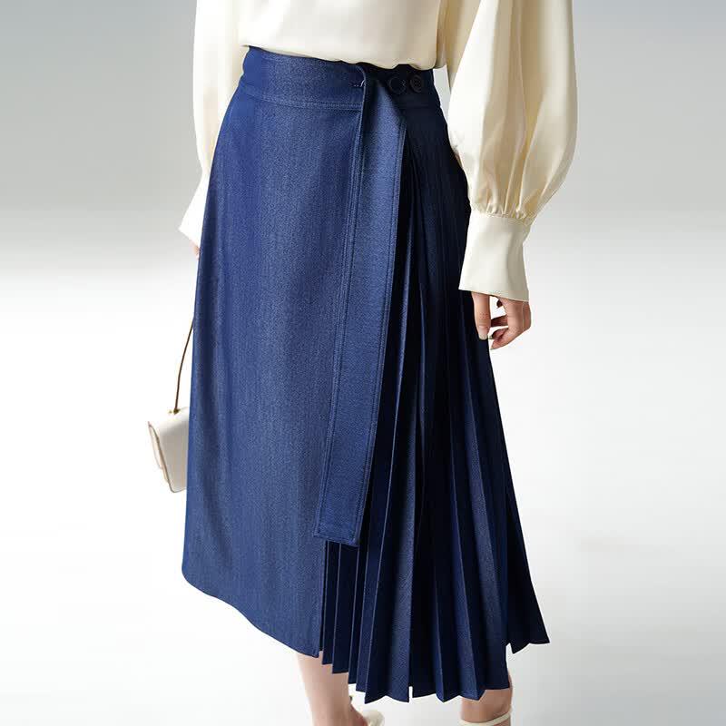 Wudao Women s Pleated Denim A-Line Skirt M