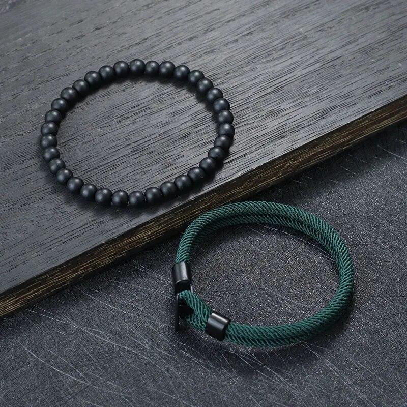 Mode 2 stuks/set Heren Armband Natuurlijke 6mm Onyx Steen Kralen Armband Homme 4mm Touw Nautische Armband Vrijetijdsaccessoires Pulseria