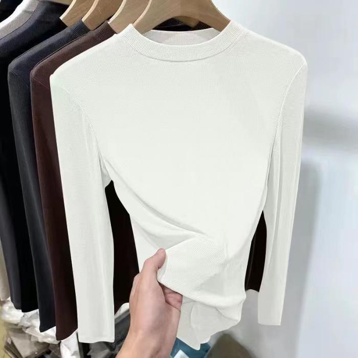 Tricou cu guler mic, față-verso din fleece, pentru femei, croială slim, cu mânecă lungă – Versatil pentru primăvară/toamnă, stil european, top cu nervuri