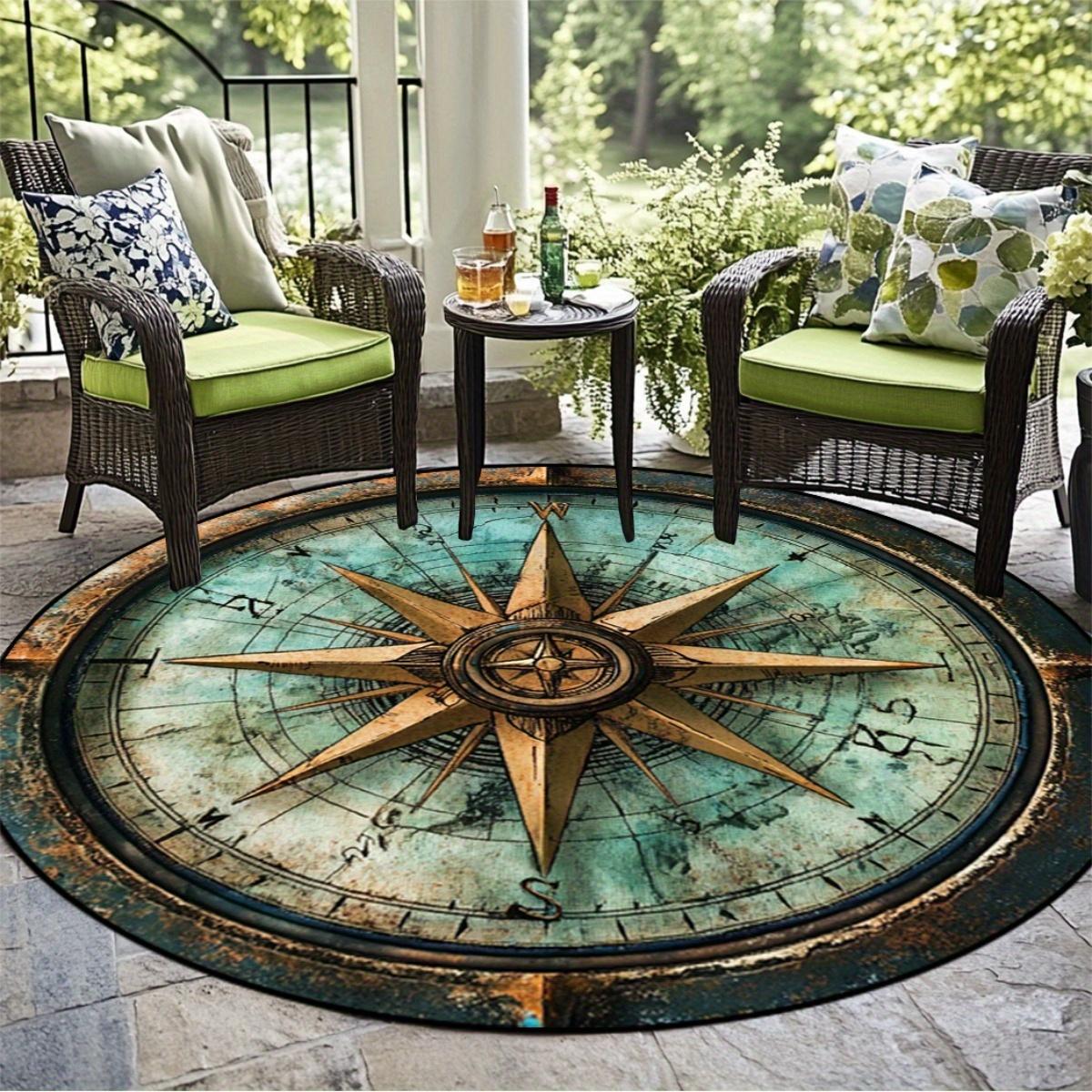 

1Pcs Oceanic Compass Round Rug Nautical Style Non-Slip Floor Mat Washable Area Rug for Outdoor Garden Living Room Summer Decor 60X60cm