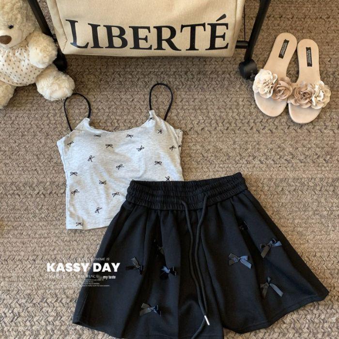 

Женские серые шорты с высокой талией, на кулиске и с бантом - Летние 2025, Повседневные эластичные спортивные брюки Small чёрный