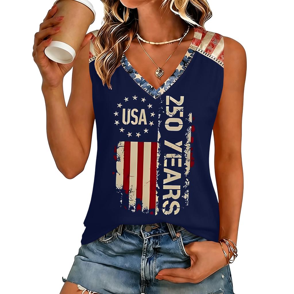 Women V Neck Casual Sleeveless Top with Independence Day Print Loose Fit Pullover Tank for Summer Daily Wear