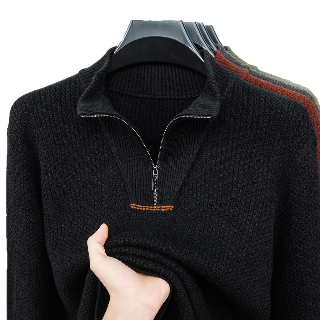 Men's Plus Size Trendy Half-Zip Wool Sweater: Autumn/Winter Fleece Pullover, Warm Casual Knit.