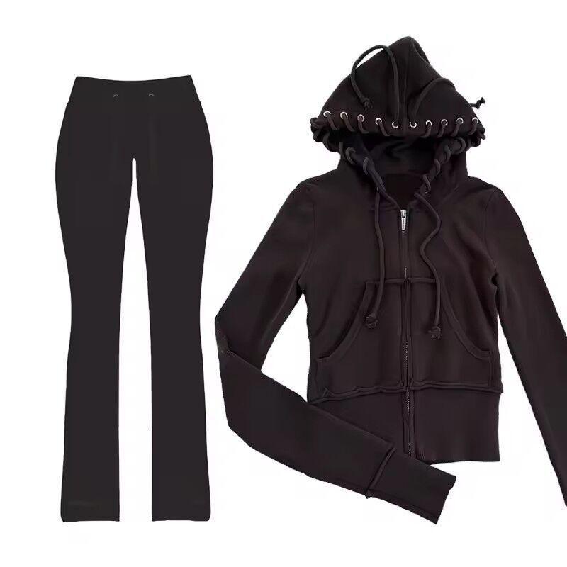 Set con felpa casual color block e pantaloni in maglia da donna Street Style 2025 per Primavera e Autunno