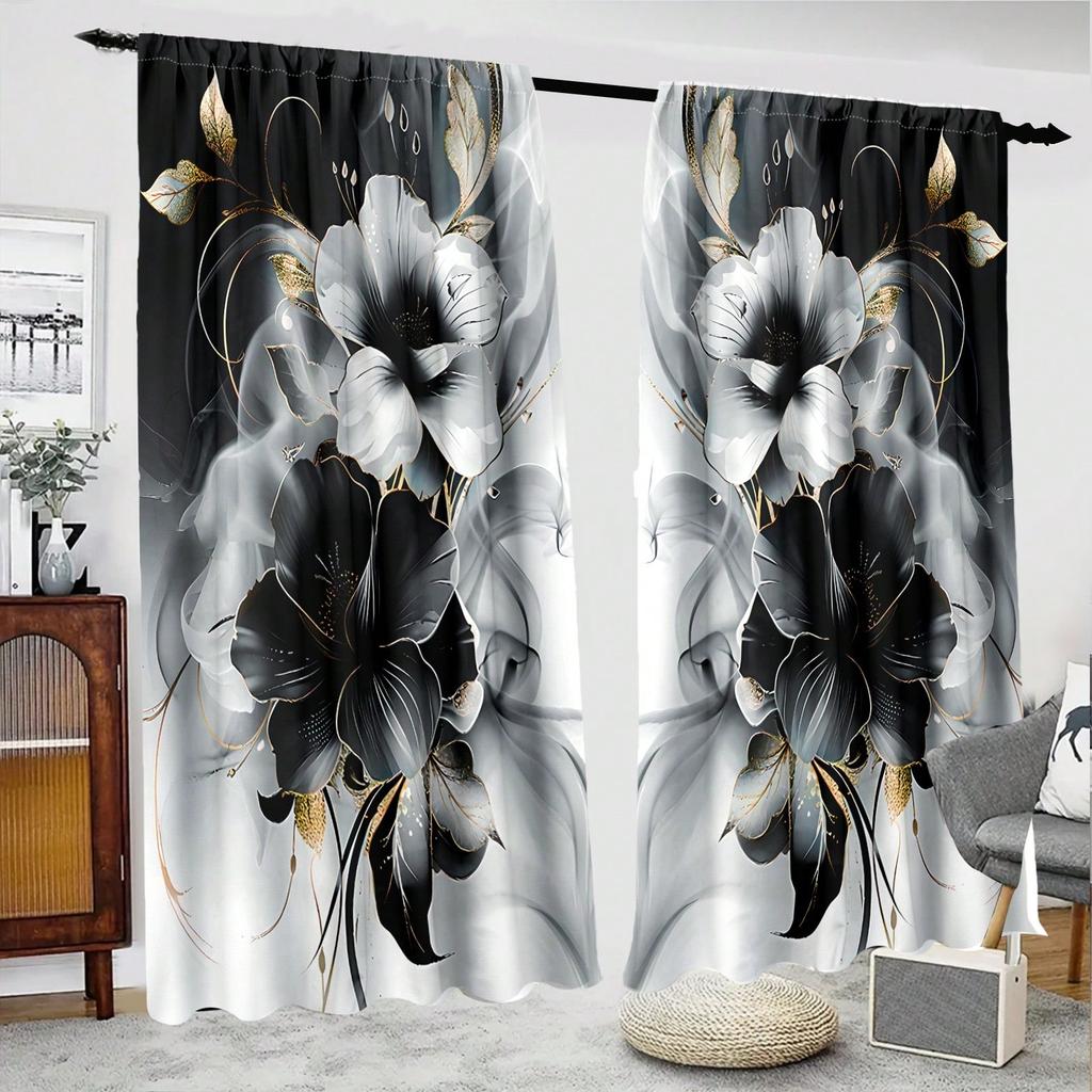 Set Of 2 Polyester Material Floral Watercolor Print Semi Curtains Golden Trim Suitable Bedroom Living Room Office Curtain With Light Filtering Perfect