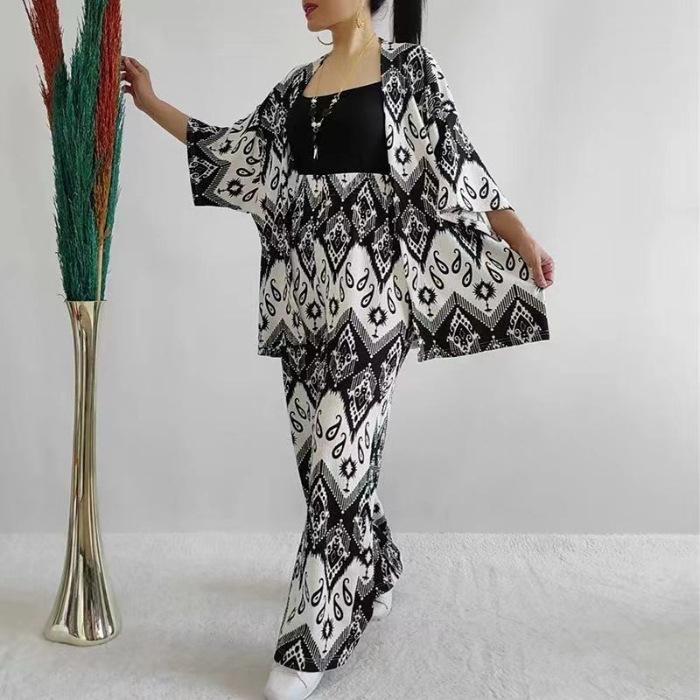 Tem Women's 2024 Summer New Loose Large Size Printed Medium Sleeve Shirt Wide Leg Pants Casual Suit Women
