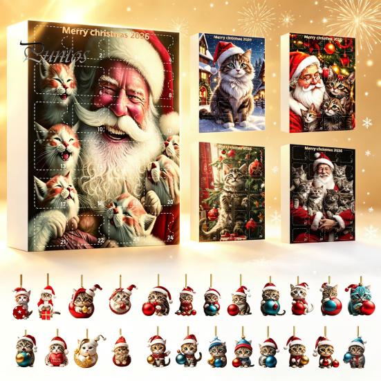 Christmas Advent Calendar Cat Calendar, 24 Days Countdown Cute 2D Kitten Holiday Backpack Charm Accessory Ornaments for Party Tree Decor, Gifts Lovers