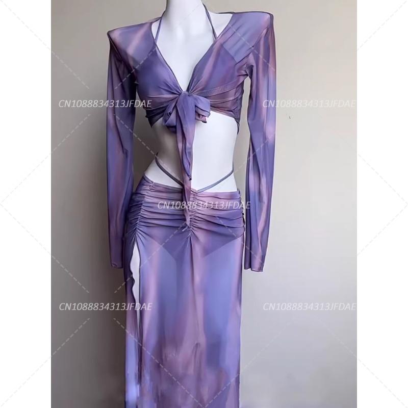 4Pcs Purple Long Dress Bikini Sexy Swimsuit for Women Soaking In Hot Springs New Sunscreen Cover for Beach Vacation