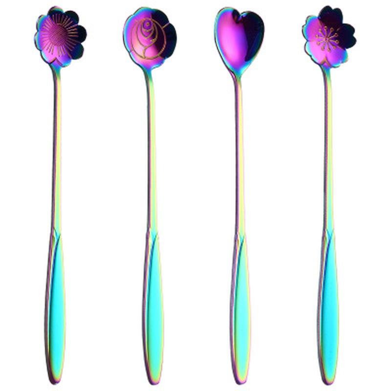 4 Adet/grup Paslanmaz Çelik Sofra Gökkuşağı Çiçek Buz Kaşığı Şeker Kaşığı Çay Kahve Kaşığı Karıştırma Çubuğu Sp