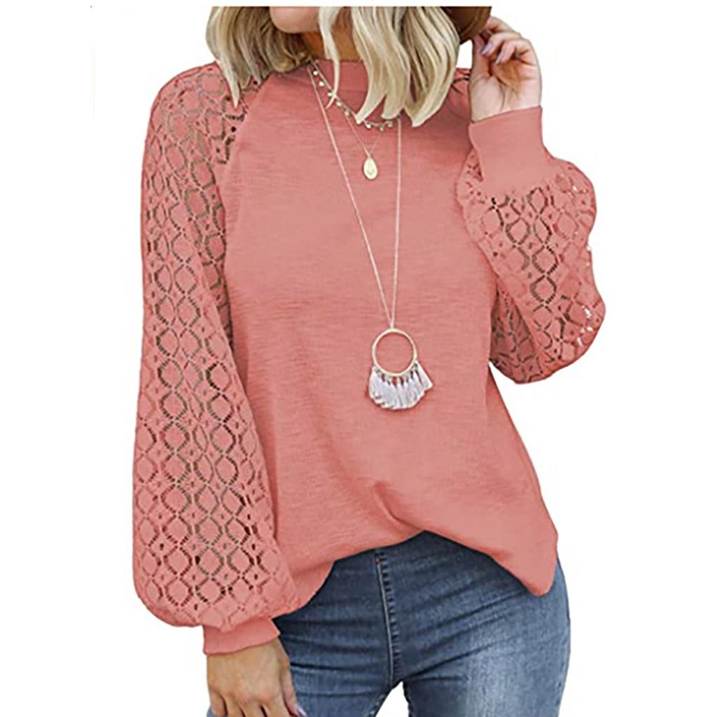 Women's Fashion Casual Blouse  Soild Long Sleeve Lace Splicing Loose Top