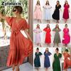 New Style V-Neck Solid Color Short Sleeve Ruched High-Waisted Dress Bohemian Maxi Dress
