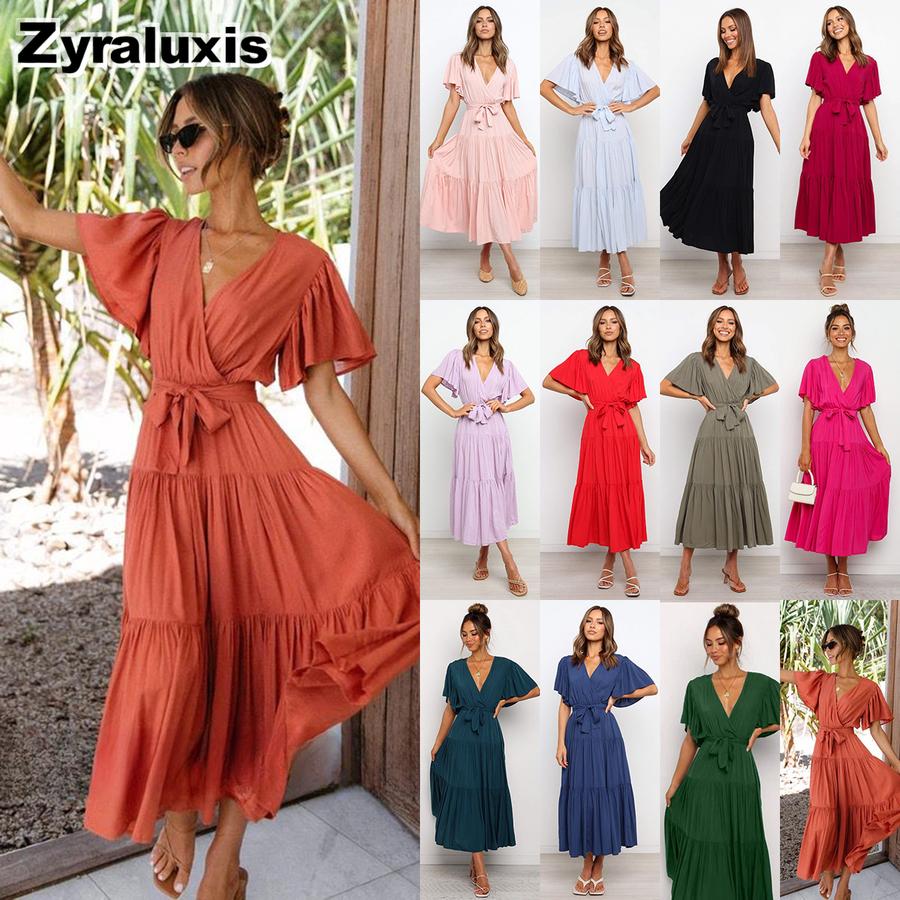 New Style V-Neck Solid Color Short Sleeve Ruched High-Waisted Dress Bohemian Maxi Dress