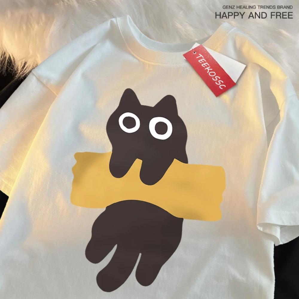 

Забавная клейкая лента с принтом кошки в японском стиле, мужские и женские хлопковые футболки оверсайз с коротким рукавом и круглым вырезом, новые топы и футболки XXXXXL чёрный