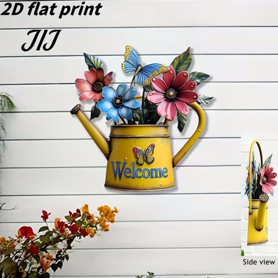 Patio Yard Wall Accents Rustic Metal Watering Can Art, Flower Butterfly Welcome Sign, Farmhouse Sign for Front Door Iron Hanging Decor Porch