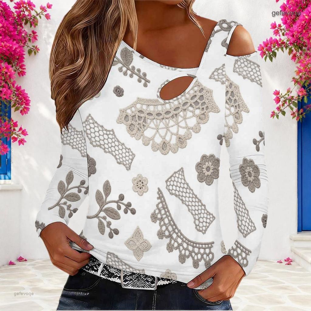Women Plus Size Asymmetric Cutout Neck Cold Shoulder Long Sleeve Blue Printed Fitted Top