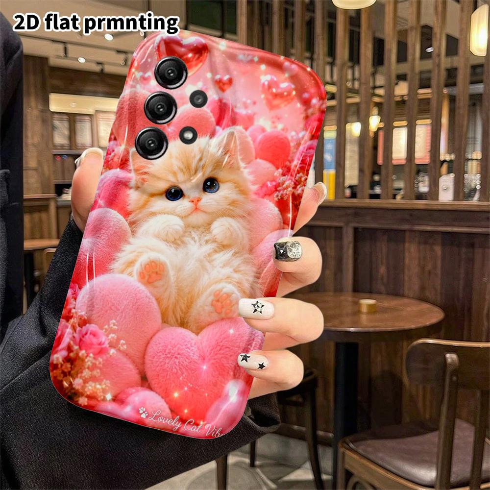 Phone Case: 2D Flat Samsung Galaxy A34 A35 M05 M06 S20 S22 S21 FE Plus 5G Case, Light Orange Kitty with Heart, Christmas Halloween Gift