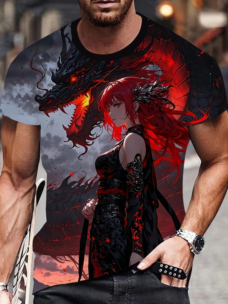 A 3D Printed T-shirt Featuring Anime Dragons and Women, Casual Round Neck and Short Sleeves for Men, Suitable for All Seasons, Regular Fit