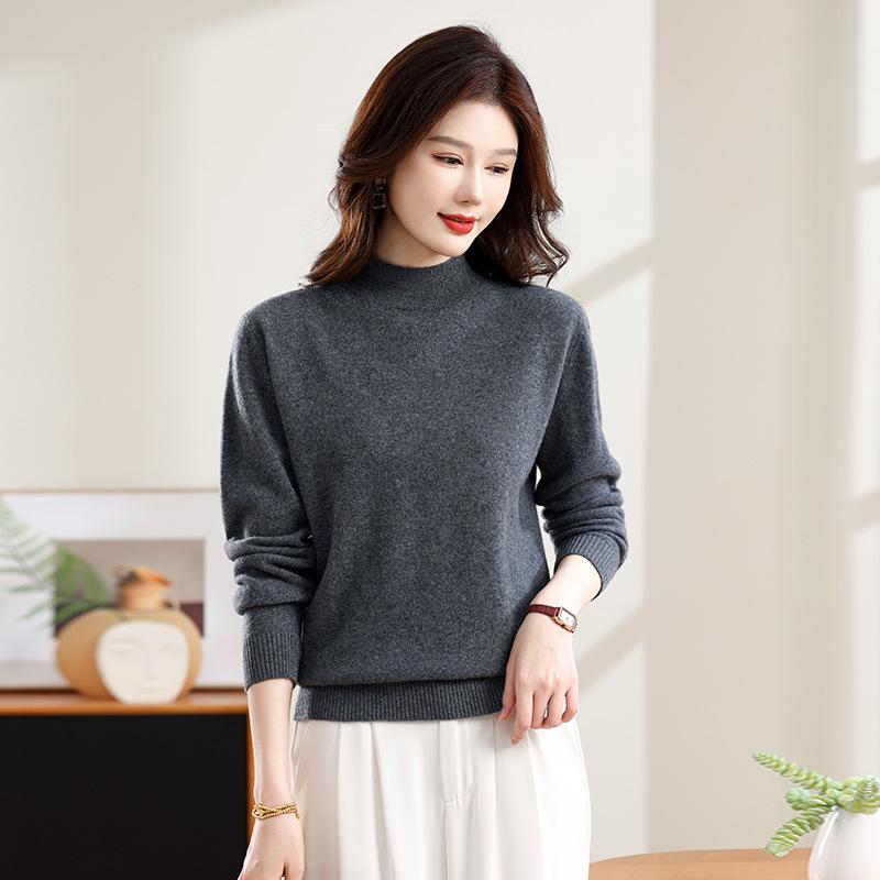 Women's Pure Wool Half-High Collar Sweater - Autumn/Winter Solid Color Loose Warm Pullover Base Layer