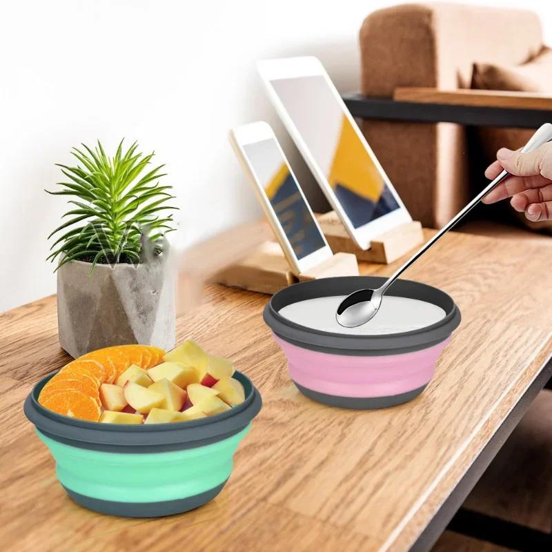 Portable Picnic Camping Foldable Fruit Salad Bowl Set, 3Pcs/Set Silicone Folding Lunch Box with Lid, Kitchen Tableware Kit