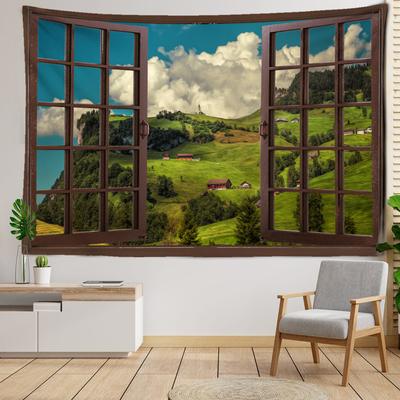 Tapiz de paisaje de cabaña en la cima de una colina con ventana para colgar en la pared, paisaje natural, sala de estar, dormitorio, decoración estética de la habitación, tela de fondo