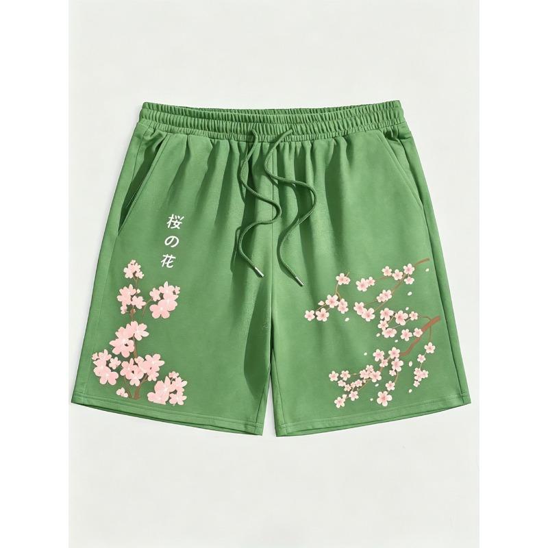 American Men's Summer Personalized Cherry Blossom Letter Print Micro Elastic Breathable Drawstring Shorts Outdoor Casual Pants