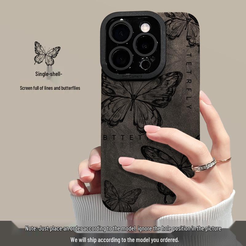 Retro Butterfly Leather Texture iPhone 15 Pro Max Suede Case with Women's Chain