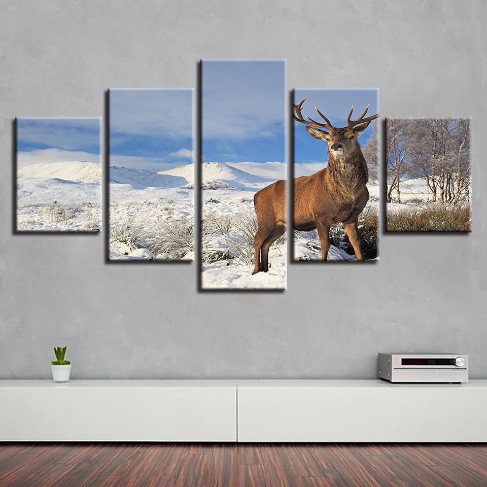 

Олень на снежной горе 5 шт. современный домашний декор стены холст картина искусство HD печать живопись на холсте для гостиной 20x35cm*2 20x45cm*2 20x55cm*1