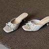 New Style of Woven Shoes with Hollowed-out One-shoulder Square Toe High Heels