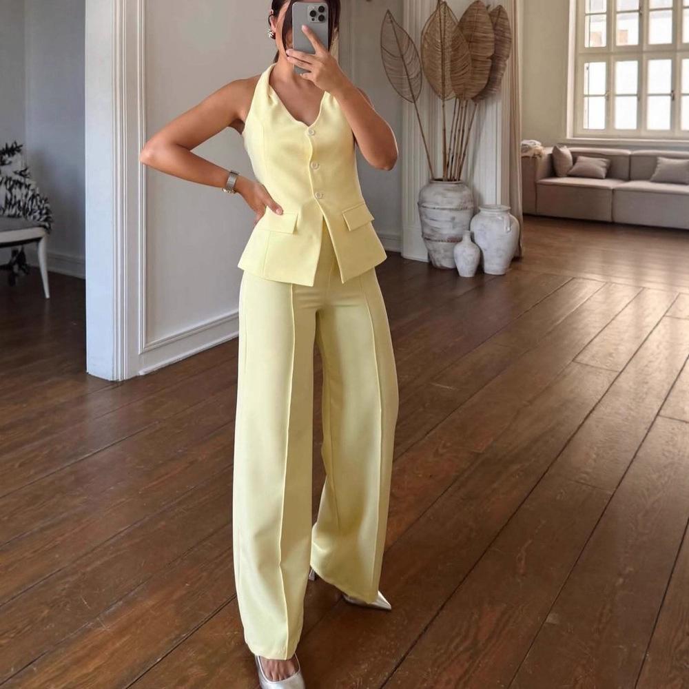2025 summer, Europe, America, waist and thin, casual commuter hip vest, button top, pants, two-piece women's clothing