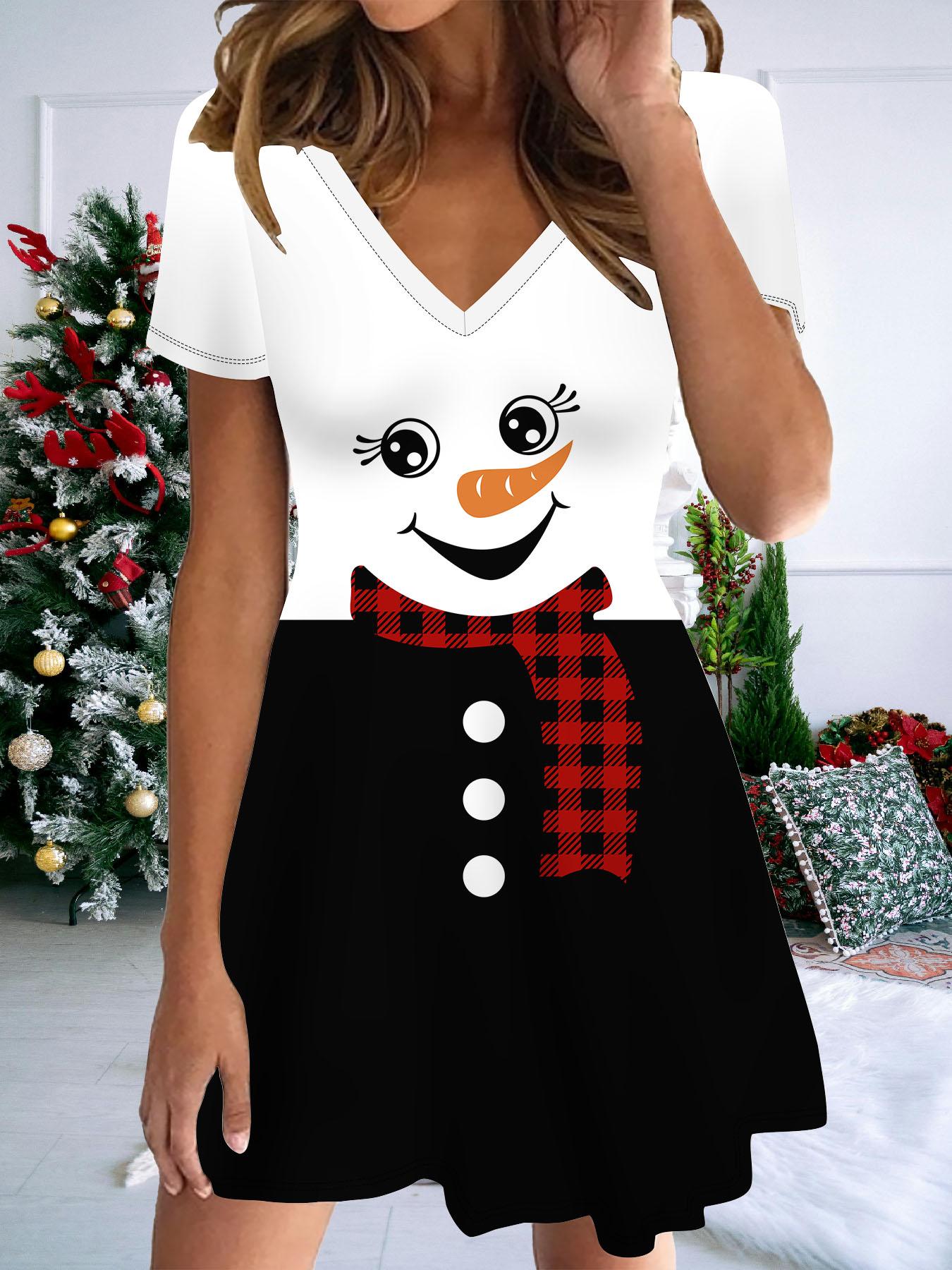 

Модное женское платье с V-образным вырезом, короткими рукавами и принтом рождественского снеговика, сексуальное, короткое, платья M белый